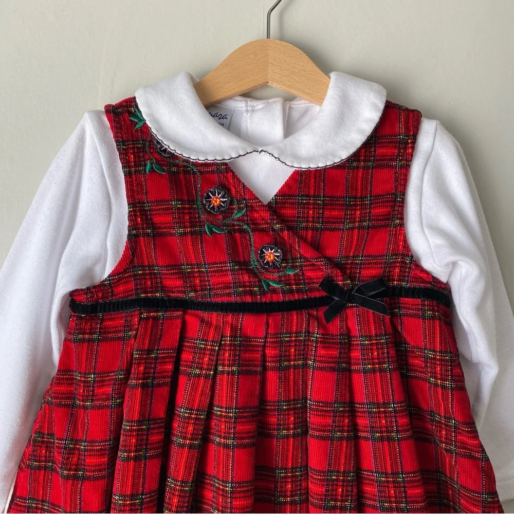 Vintage Samara Plaid Flannel Embroidered Floral Dress & Peter Pan Collar Top Set